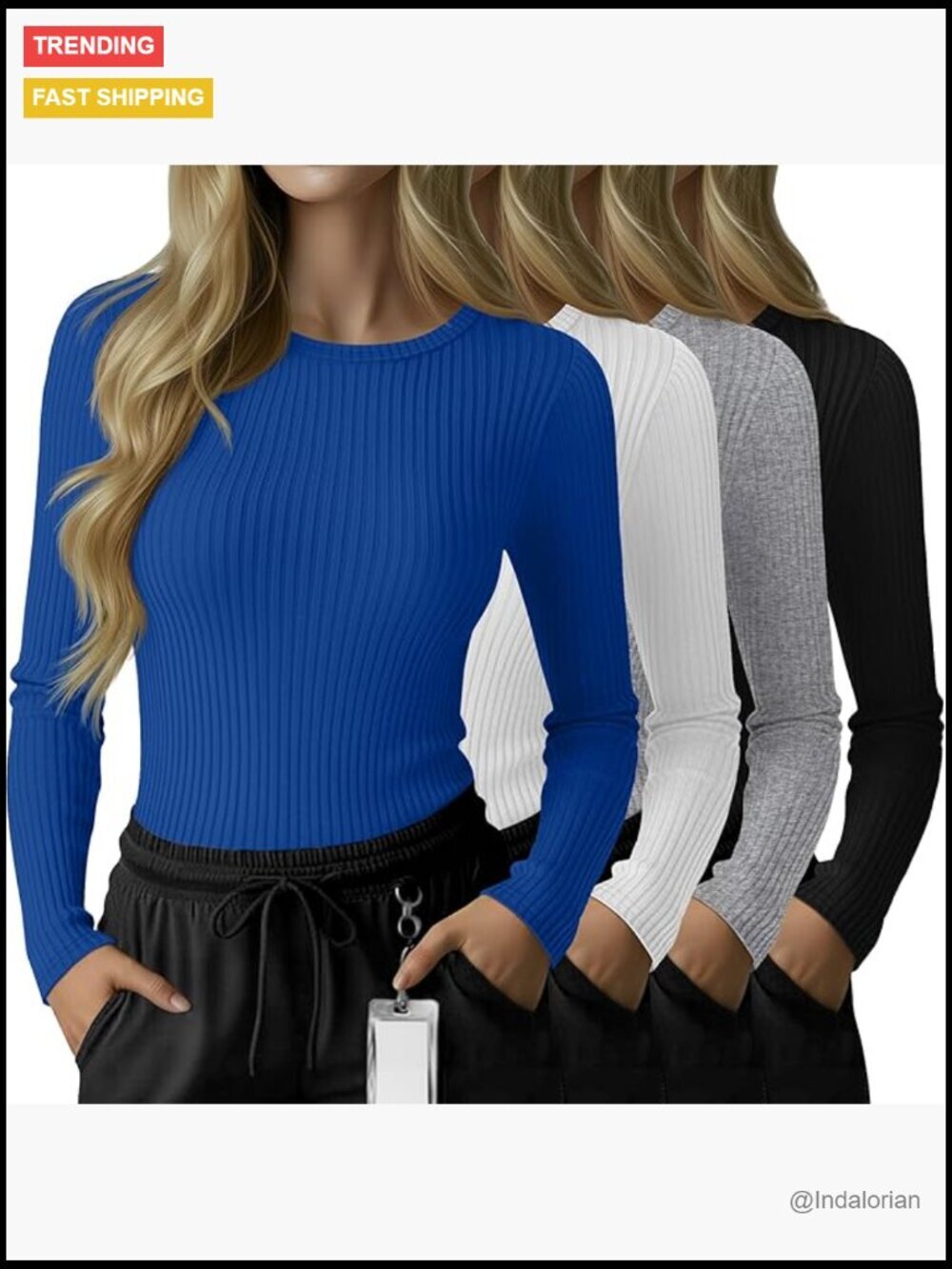 4 Pack Long Sleeve Ribbed Crewneck Underscrub Shirts Slim Fit Cotton Spandex